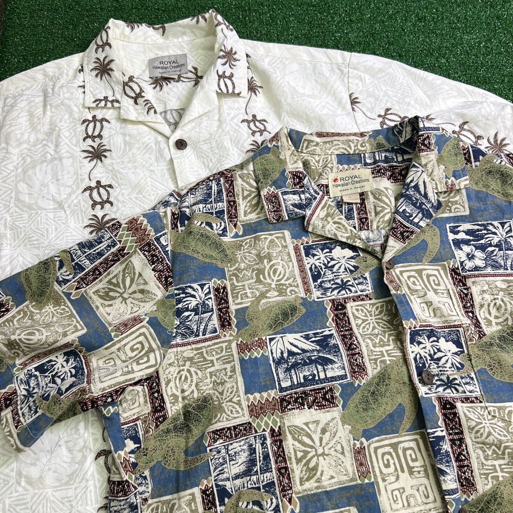 Royal Hawaiian Creations Aloha Shirt Lot Of 2 White W/ Turtles & Multicolored